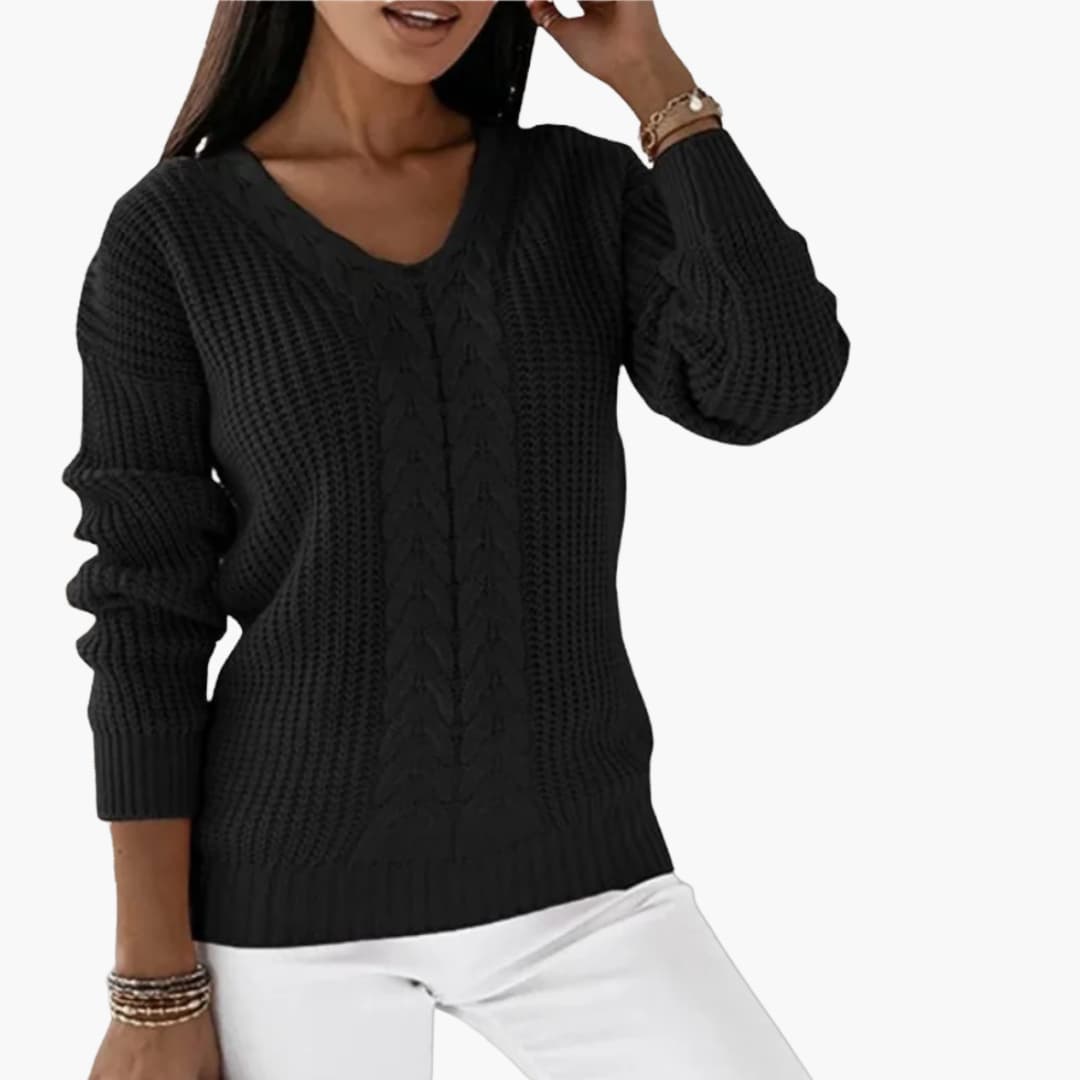 Women's Pullover with V-Neck and Cable Knit Surface - Image 5