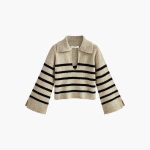Women's Pullover with V-Neck and Striped Surface