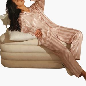 Women's Satin Pajama Set with Button Top and Stripe Design