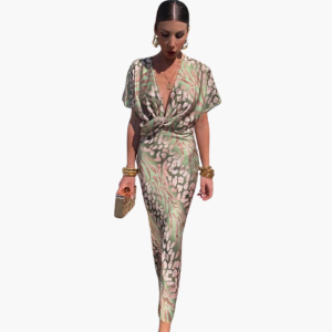 Women's Ankle-Length Dress with V-Neck and Knotted Front Detail