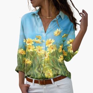 Flower Print Women's Blouse with Button Placket and V-Neck