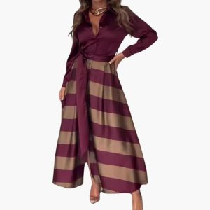 Striped Maxi Dress for Women - with Shirt Collar and Belt