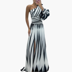 Striped One-Shoulder - Women's Elegant Maxi Dress with Slit