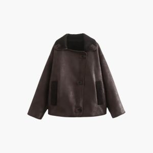 Elegant Women's Leather Jacket in Brown – Warm and Long-Sleeved