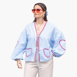Women's Gingham Blouse with Heart Pockets – Summer Blouse