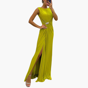 Pleated Maxi Dress with Slit - Elegant Women's Evening Dress