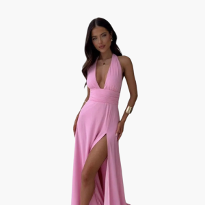 Maxi Dress with Slit & Halter Neck - Women's Evening Wear