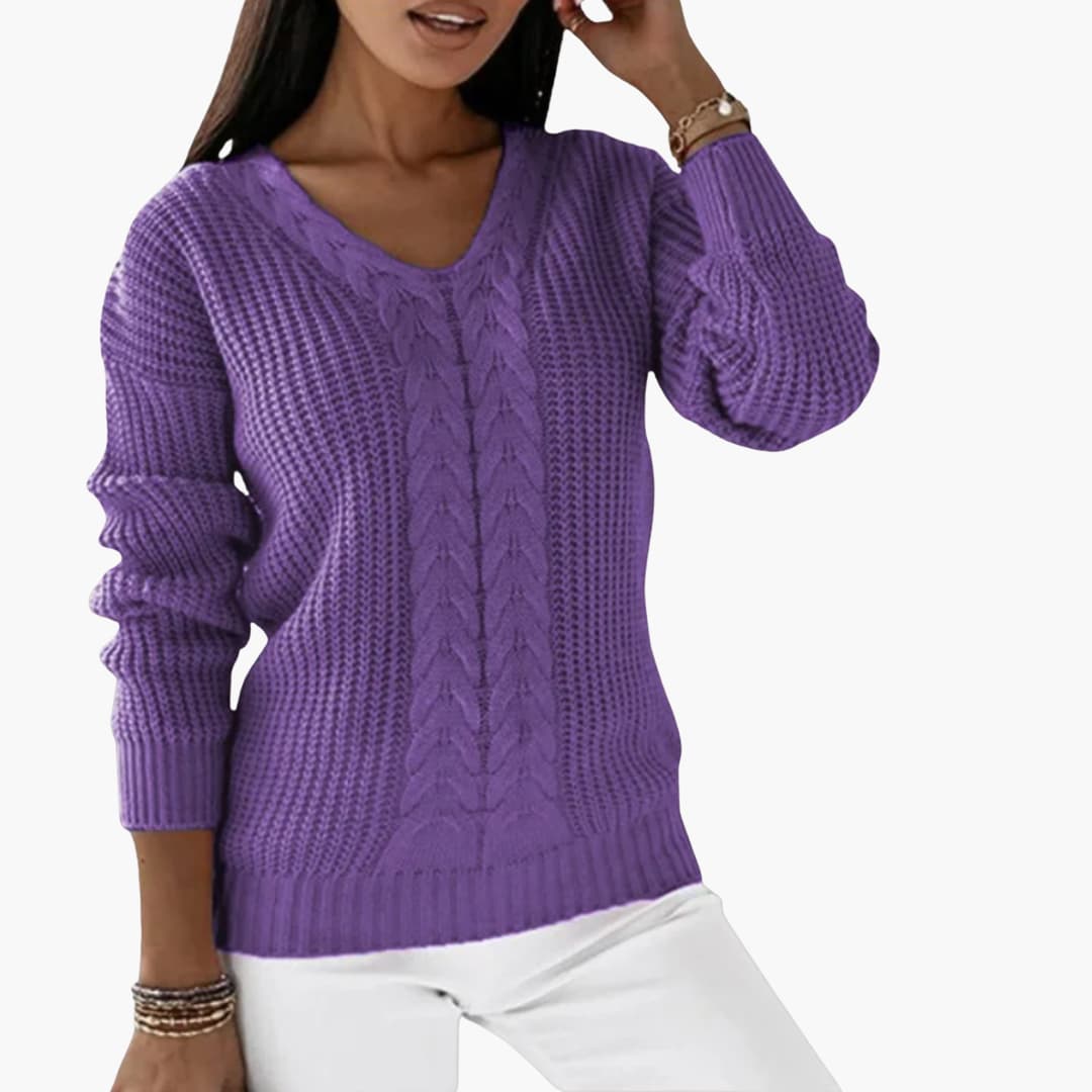 Women's Pullover with V-Neck and Cable Knit Surface - Image 4
