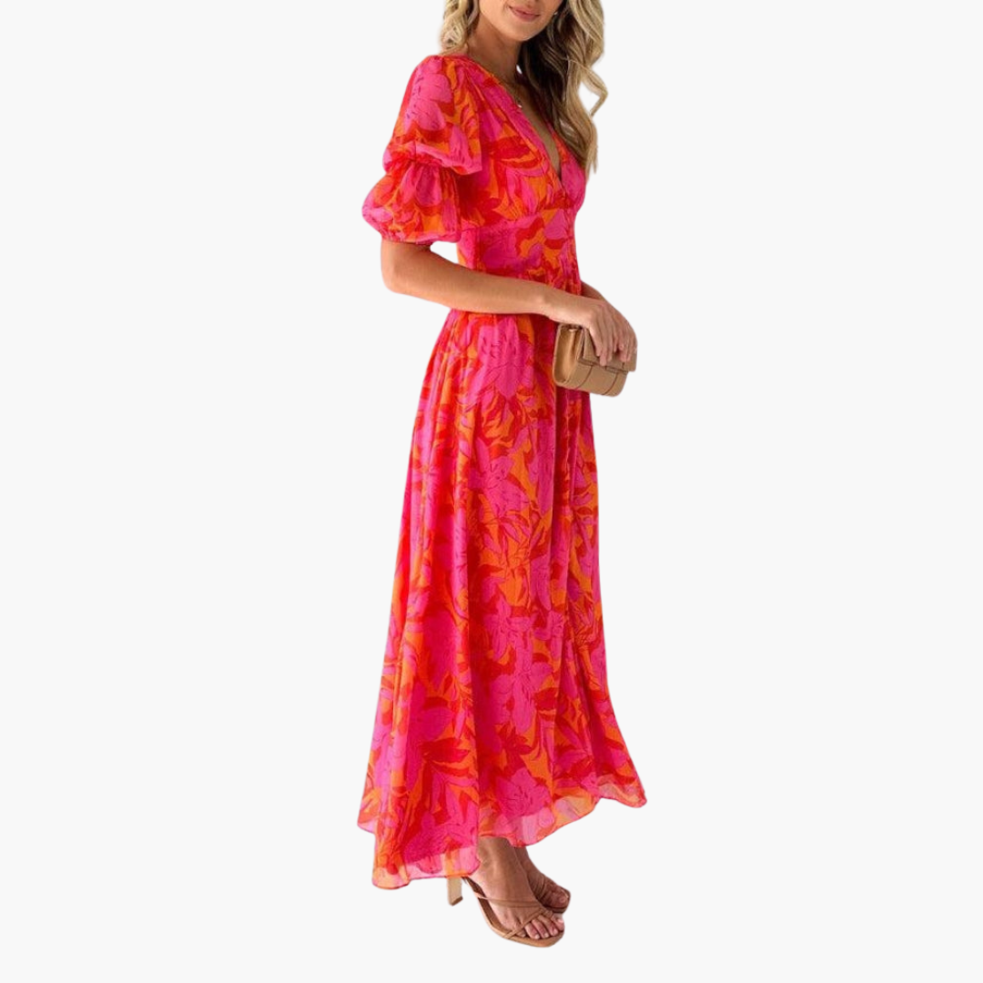 Elegant Maxi Dress for Women - V-Neck & Puff Sleeves - Image 2
