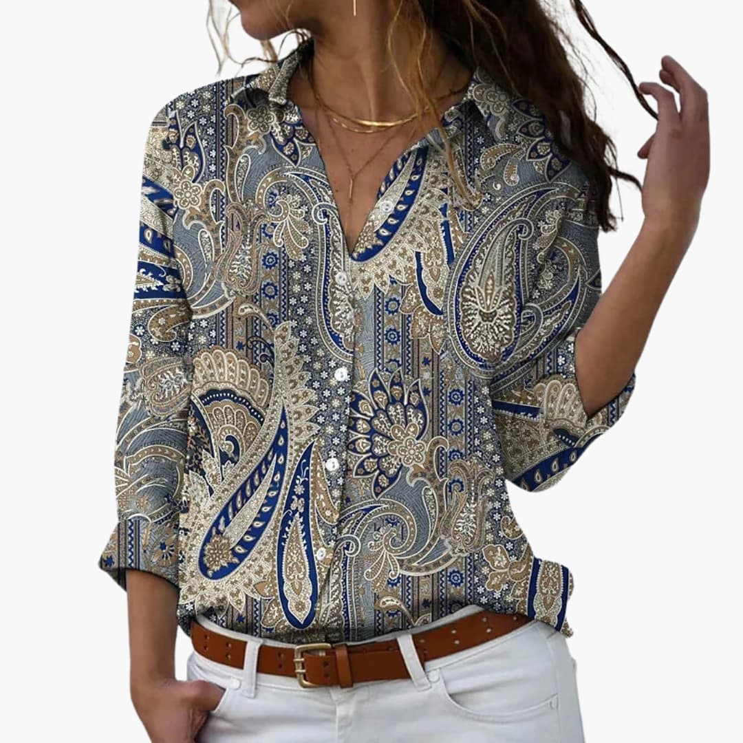 Flower Print Women's Blouse with Button Placket and V-Neck - Image 3