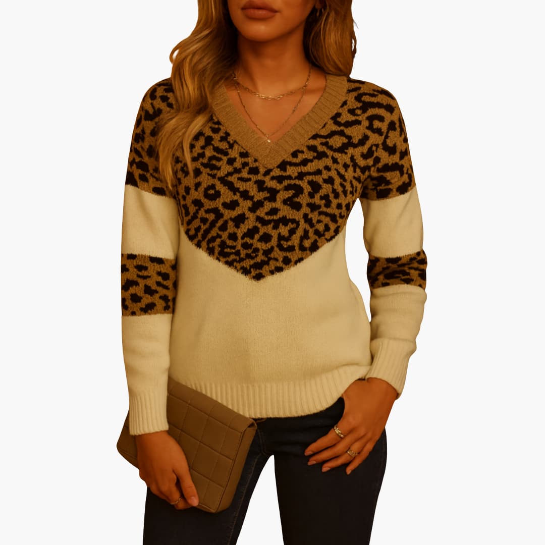 Women's V-Neck Sweater with Animal Print Pattern - Image 2