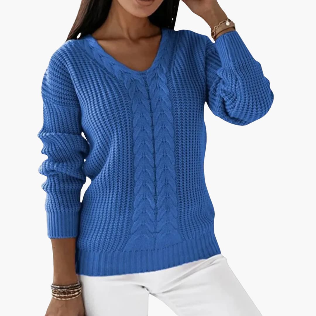 Women's Pullover with V-Neck and Cable Knit Surface - Image 3