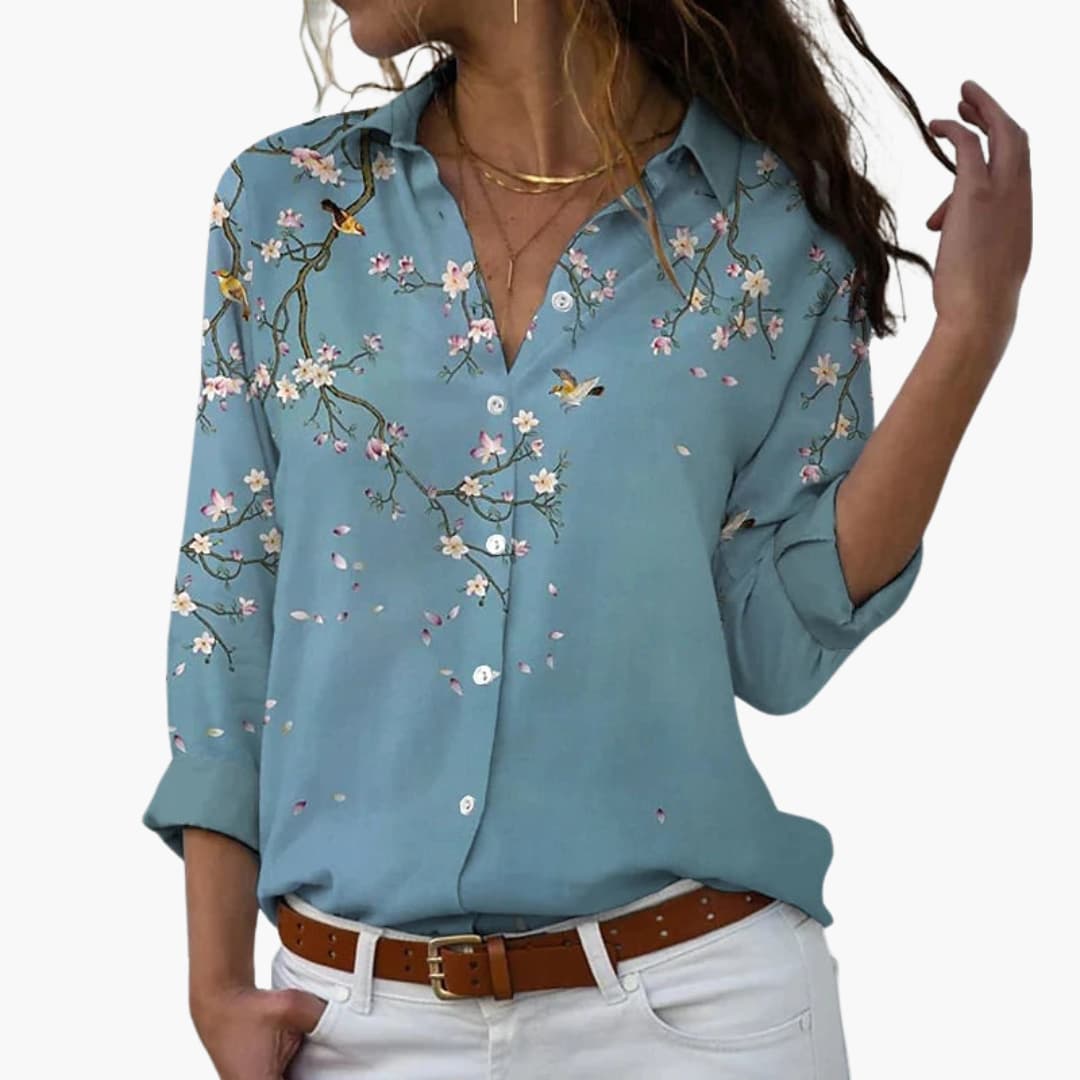 Flower Print Women's Blouse with Button Placket and V-Neck - Image 2