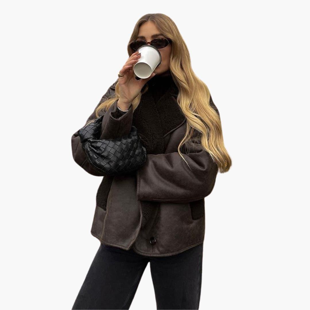 Elegant Women's Leather Jacket in Brown – Warm and Long-Sleeved - Image 3