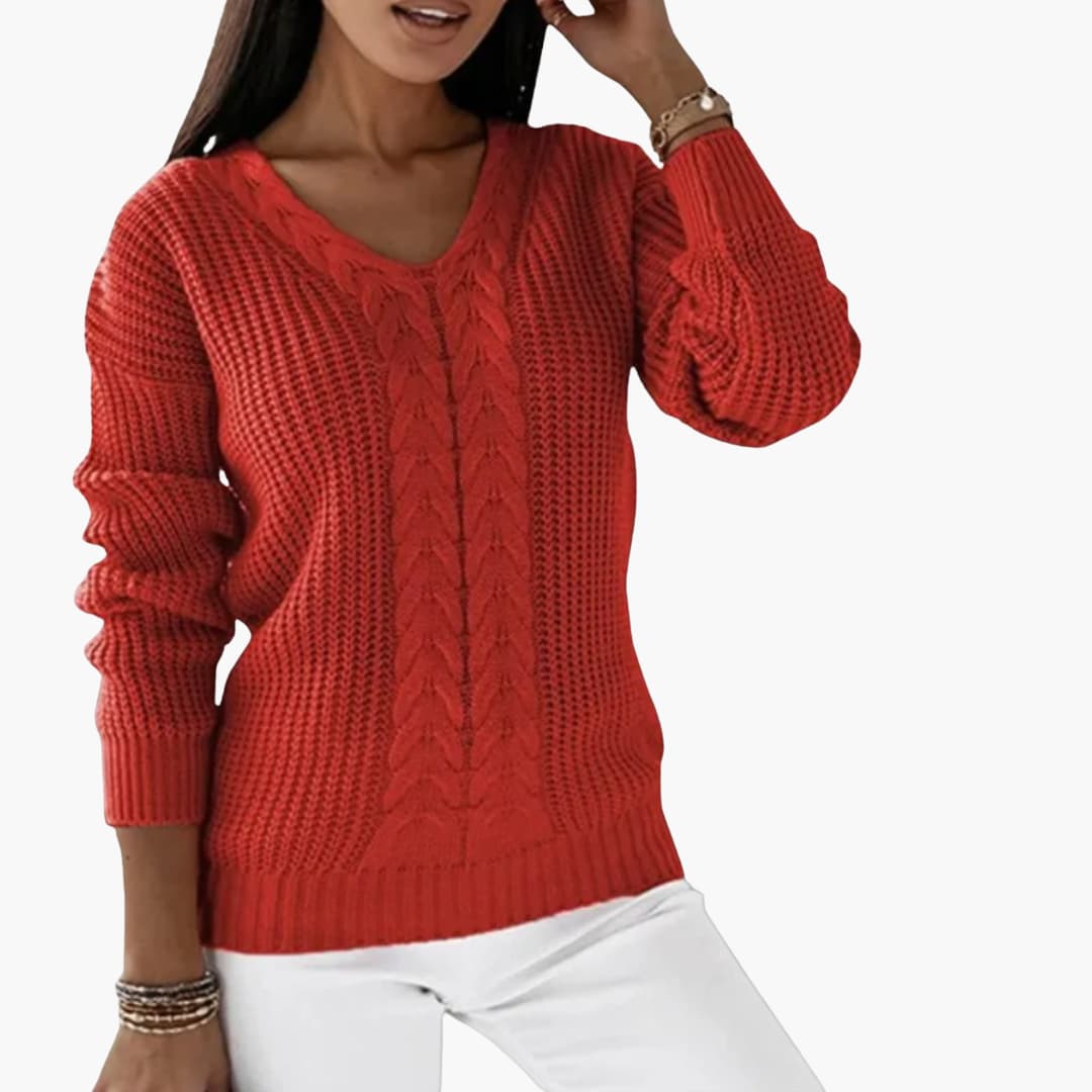 Women's Pullover with V-Neck and Cable Knit Surface - Image 2