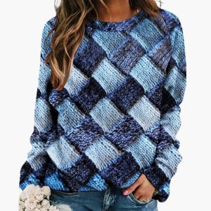 Women's Sweater with Colorful Patchwork and Round Neck