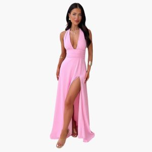Maxi Dress with Slit - Elegant Women's Evening Dress Halter Neck