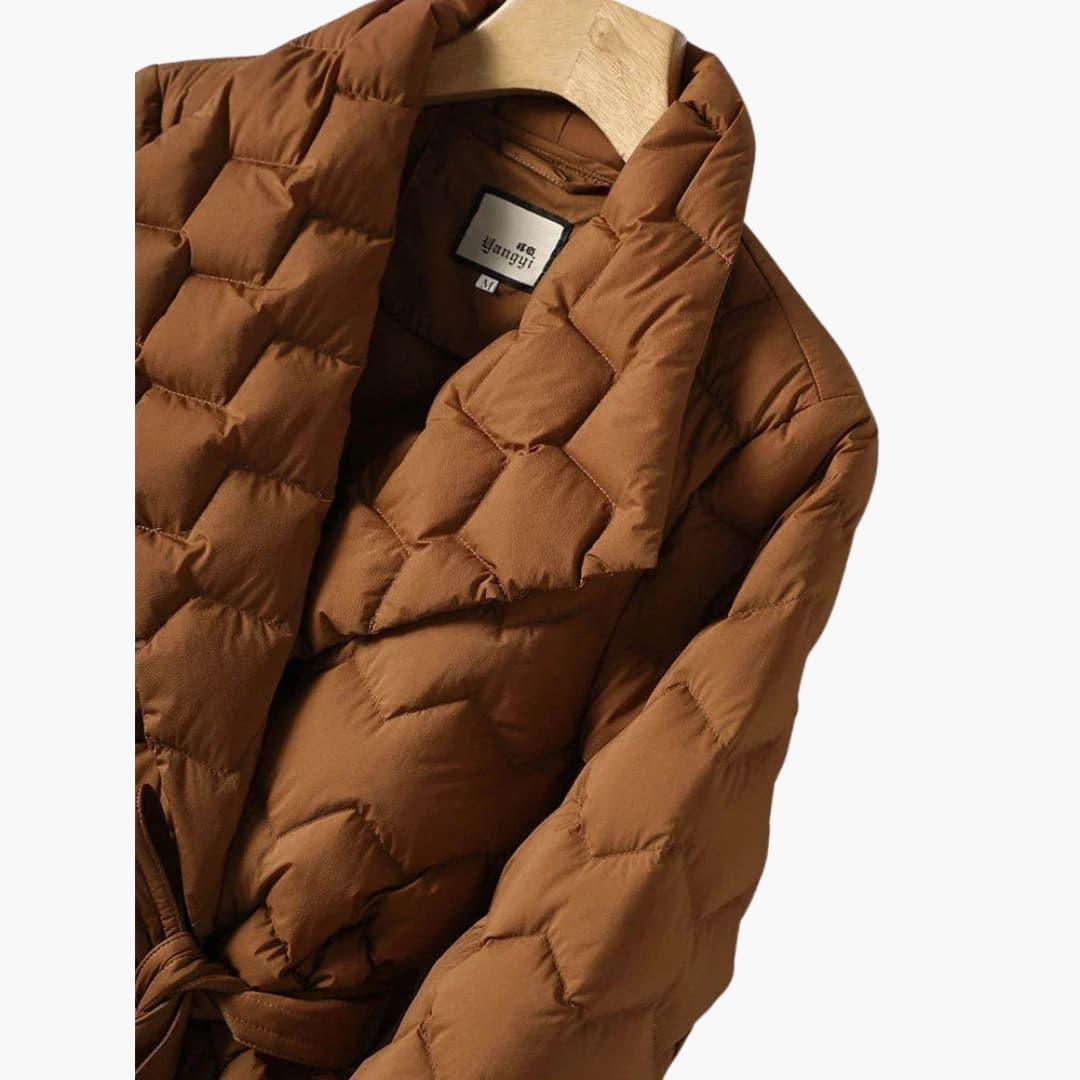 Women's Red Down Coat with Belt and Long Sleeves - Image 3