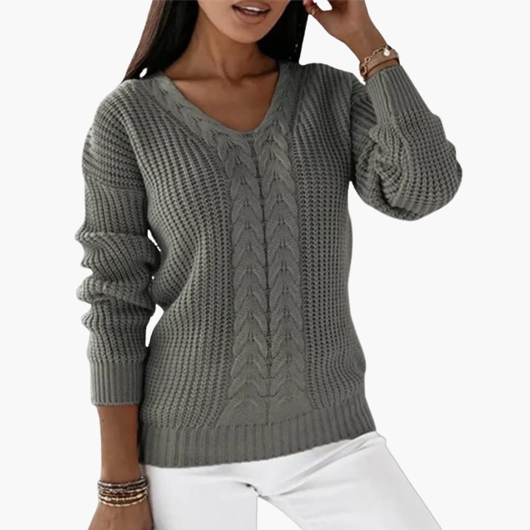 Women's Pullover with V-Neck and Cable Knit Surface
