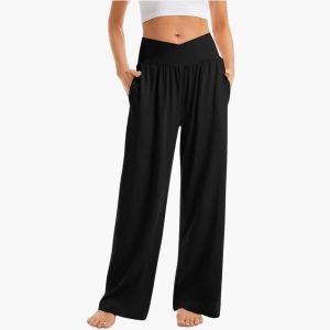 Women's Wide-Leg Trousers with Crossed Waistband and Side Pockets