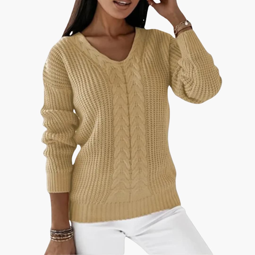 Women's Pullover with V-Neck and Cable Knit Surface - Image 6