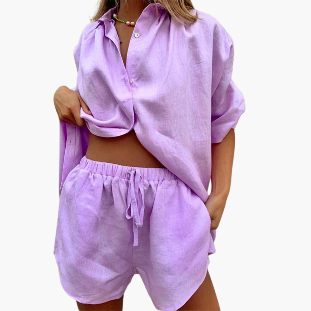 Two-Piece Set for Women - with Button Placket and Shorts - Image 6