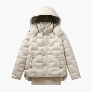 Women’s Hooded Puffer Jacket with Quilted Surface and Front Snap Closure