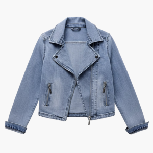 Women’s Denim Jacket with Lapel Collar and Zipper Pockets