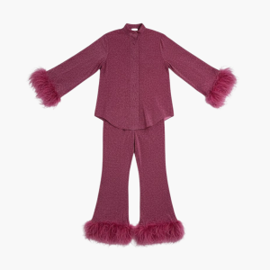 Women’s Two Piece Set with Feather Trim and Button Front