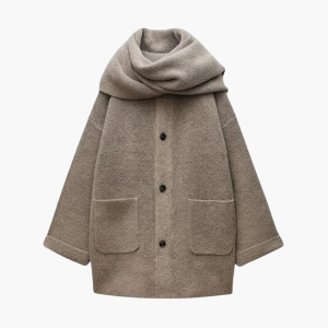 Women’s Knit Cardigan with Button Closure and Attached Scarf