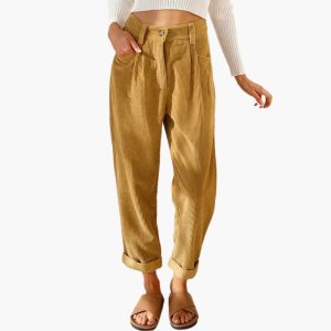 Women's Corduroy Pants with Waistband and Front Closure