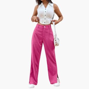 Women's Corduroy Trousers with Waistband and Wide Legs