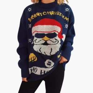 Women's Festive Sweater with Santa Claus Motif and Straight Hem