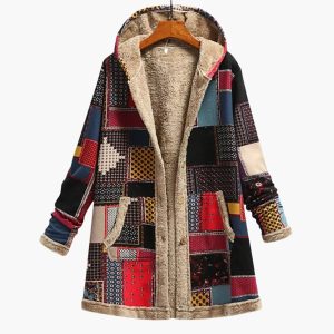 Women's Hooded Jacket with Buttons and Patchwork Surface