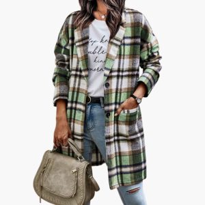 Women's Check Jacket with Front Buttons and Long Sleeves