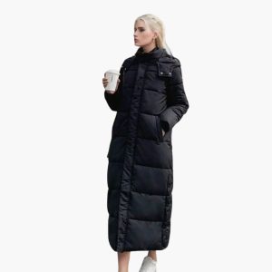 Women's Long Winter Coat with Hood and Button Closure