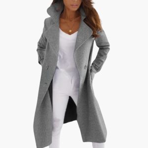 Women's Long Coat with Lapel Collar and Straight Sleeves