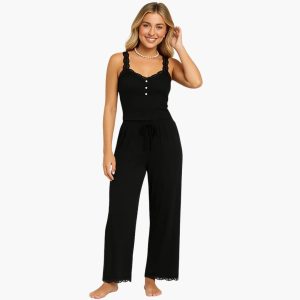 Women's Pajama Set with Lace Trim and Drawstring Pants