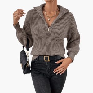 Women's Knit Sweater with Half Zip and Ribbed Knit