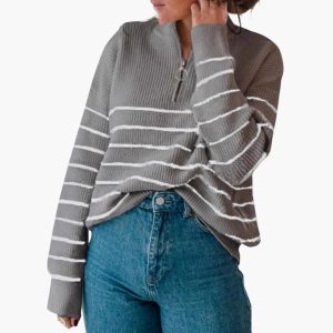 Women's Knit Sweater with Half Zip and Striped Pattern