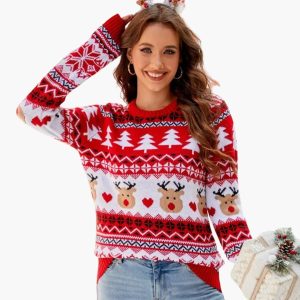 Women's Knit Sweater with Lining and Reindeer Motif
