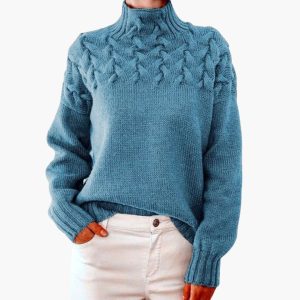 Women's Knitted Sweater with Turtleneck and Cable Pattern