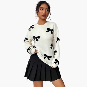 Women's Knit Sweater with Bow Pattern