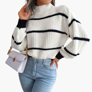 Women's Knit Sweater with Stripes and High Collar