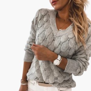 Women's Knitted Sweater with V-Neck and Ribbed Hem