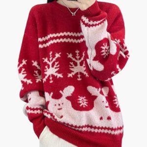 Women's Knit Sweater with Festive Pattern and Round Neckline