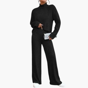 Women's Knit Sweater and Pants Set with Ribbed Design