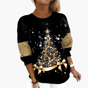 Women's Sweatshirt with Round Neck and Festive Print