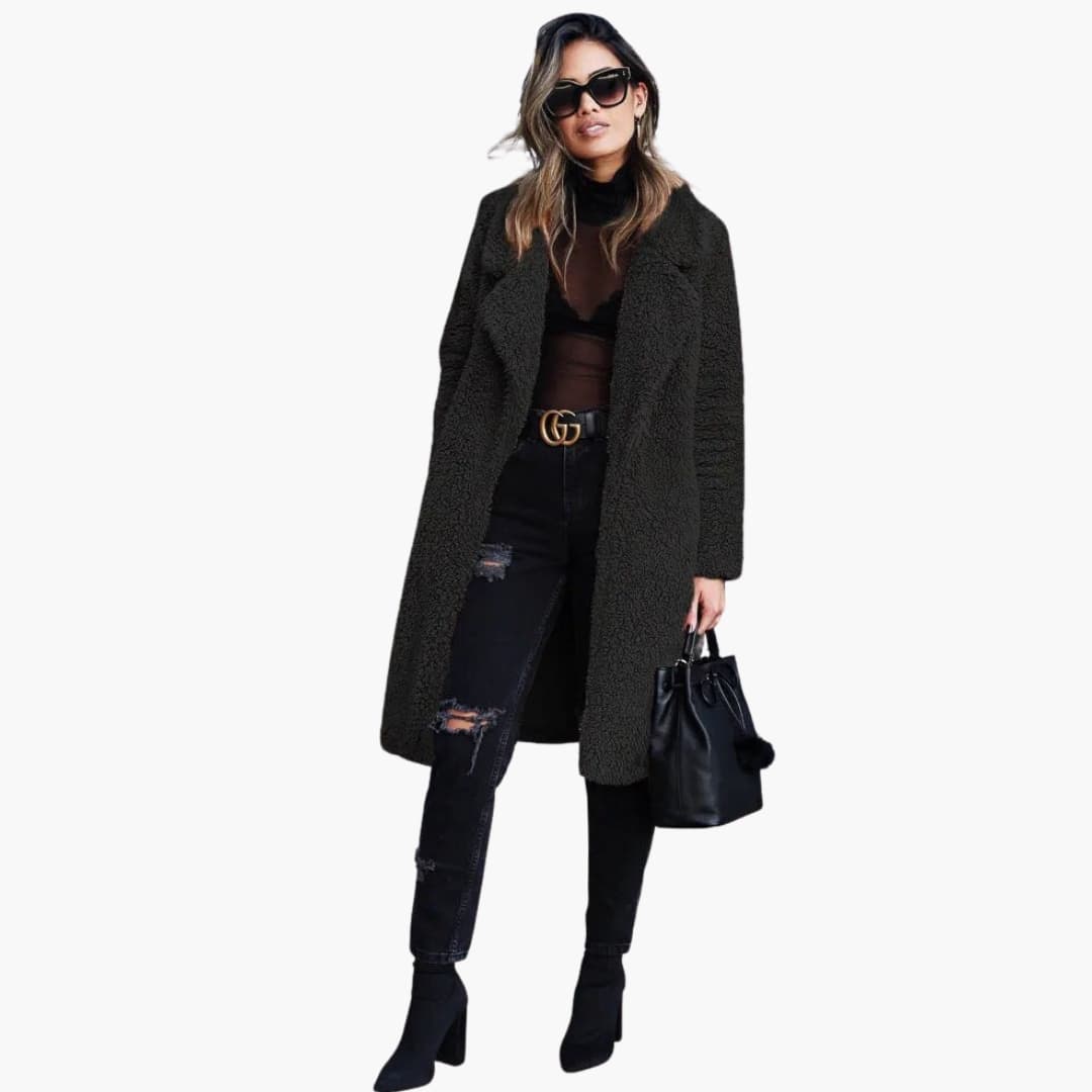 Women's Long Teddy Coat with Wide Collar and Pockets - Image 7