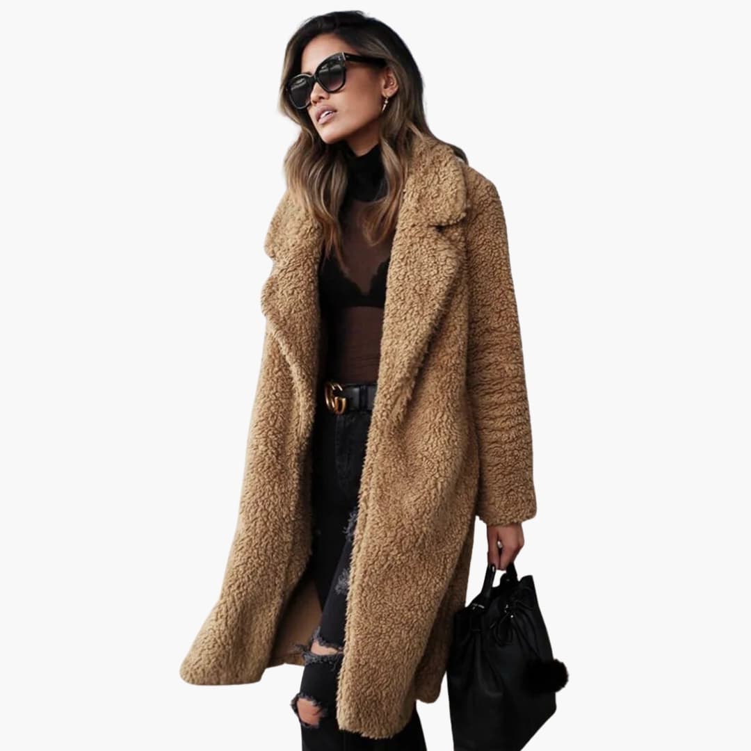 Women's Long Teddy Coat with Wide Collar and Pockets - Image 5